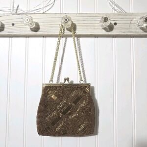 Vintage‎ 50s Walberg Evening Hand Bag Clutch Purse Gold Silk Beaded Hong Kong